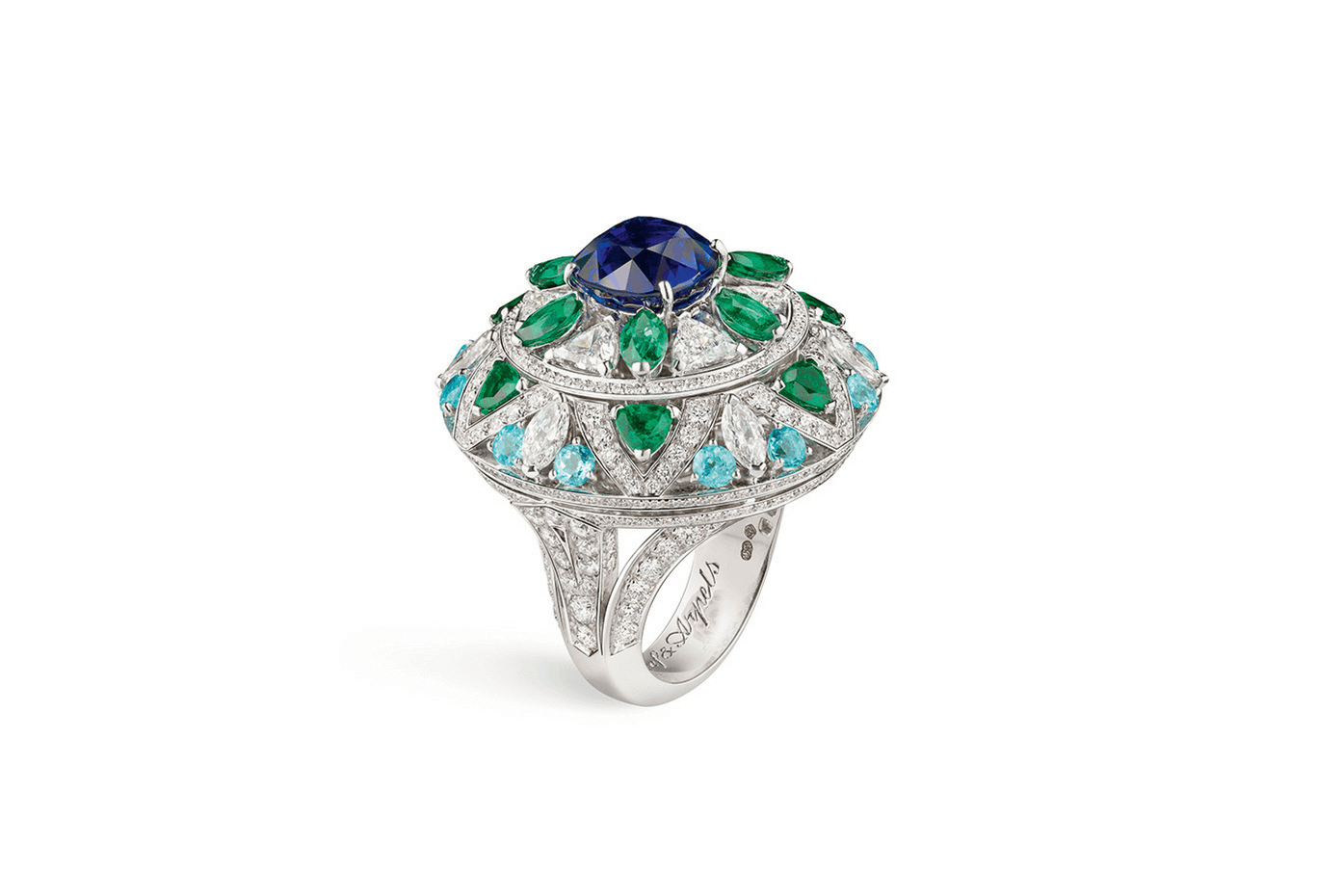 Fleur Bleu ring with white gold, diamonds, emeralds, tourmalines and a cushion-cut sapphire from Van Cleef & Arpels. Photo courtesy: Richmont